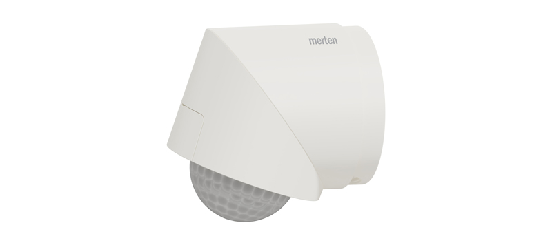 Weißer Merten ARGUS 220 Bewegungsmelder mit rundem Sensorbereich und schrägem Gehäuse zur Wand- oder Deckenmontage.