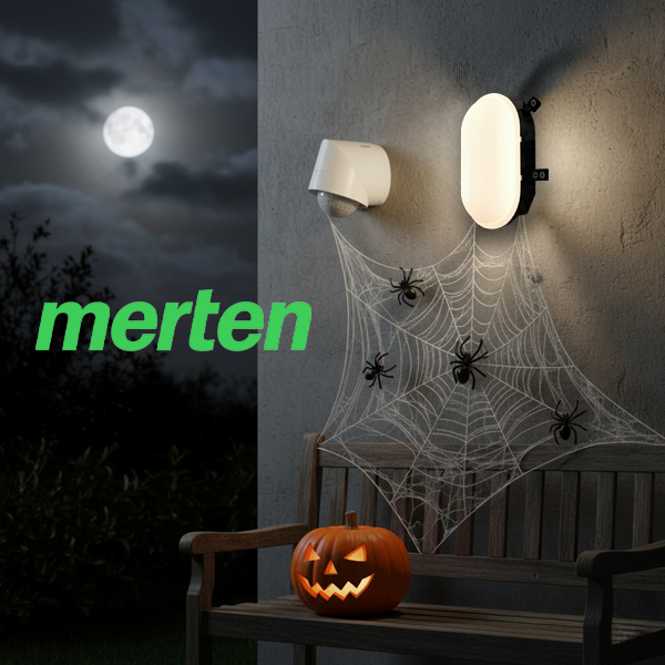 Gruseliges Halloween-Arrangement: Bewegungsmelder Merten ARGUS 220-360 und Außenleuchte an der Hauswand, dekoriert mit Spinnweben, dazu ein Kürbis auf einer Holz-Sitzbank.