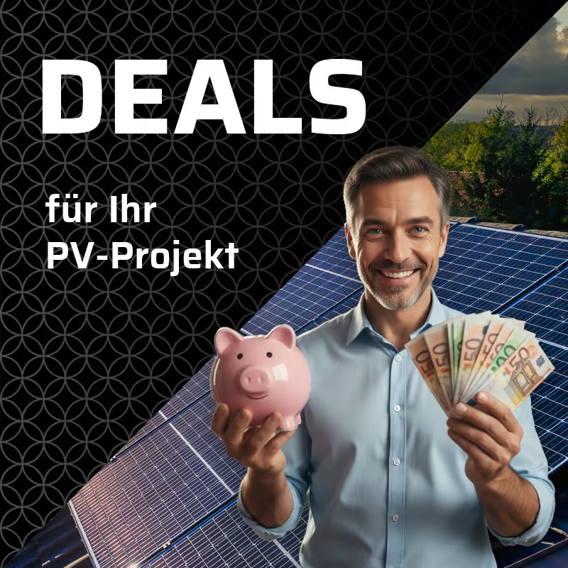 Ein lächelnder Mann hält ein rosafarbenes Sparschwein und ein Bündel Euro-Banknoten vor einem Dach mit installierten Solarpaneelen. Der Text 