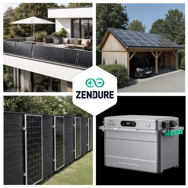 Ein Quadrantenbild, das verschiedene Einsatzmöglichkeiten für Solarmodule und ein Heimspeichergerät der Marke ZENDURE zeigt. Oben links sind Solarpaneele auf einem modernen Balkon zu sehen. Oben rechts sind Solarpaneele auf dem Dach eines Holzcarports montiert, unter dem ein Auto parkt. Unten links sind lange, vertikale Solarpaneele an einem schwarzen Holzzaun in einem Garten befestigt. Unten rechts ist ein graues, tragbares Batteriespeichergerät mit dem Aufdruck 