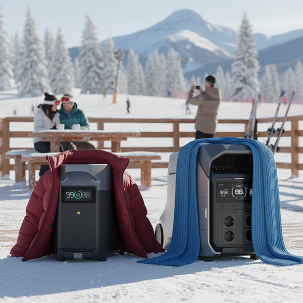 Zwei tragbare EcoFlow Powerstations in einer verschneiten Winterlandschaft, die spielerisch mit einer roten Winterjacke und einem blauen Schal „bekleidet“ sind. Im Hintergrund eine Skipiste mit Bergen.
