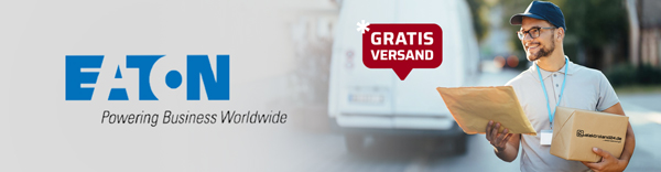Newsletter-Grafik für Eaton: Links das Markenlogo, rechts ein lächelnder Paketbote mit Kappe und Brille, der ein Paket mit dem Aufdruck 'elektroland24.de' und einen Umschlag trägt. Ein roter Hinweis in der Mitte kündigt 'Gratis Versand' an; im Hintergrund ist unscharf ein weißer Lieferwagen zu sehen.