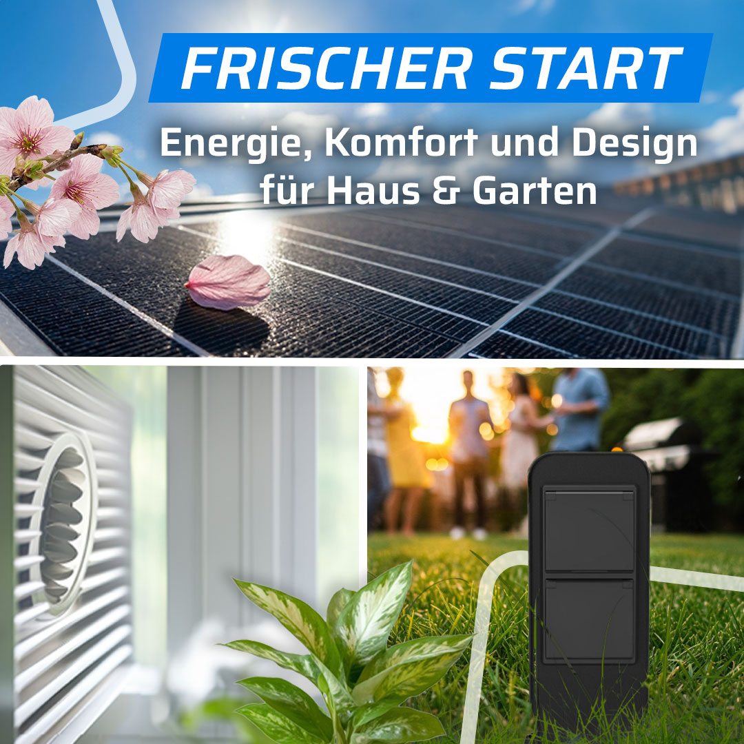Collage zum Frühlingsstart 2026: Oben eine Photovoltaik-Anlage auf dem Dach mit Kirschblütenzweig. Unten links ein moderner Wand- oder Deckenventilator mit einer Zimmerpflanze. Unten rechts eine freistehende schwarze Außensteckdose (Steckdosensäule) auf einem Rasen, im Hintergrund eine Grillparty im Sonnenschein.