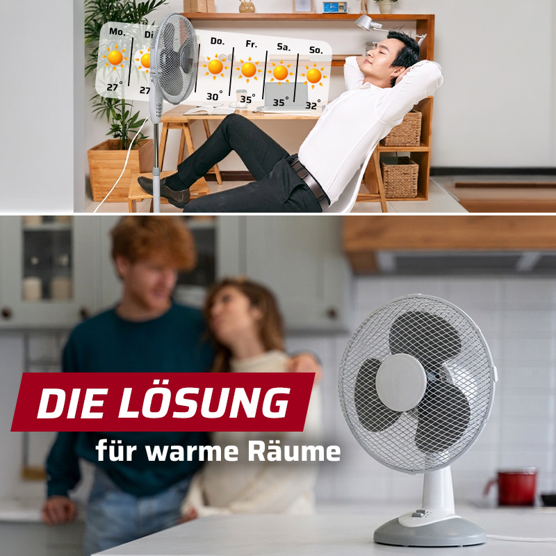 Zweigeteilte Werbegrafik mit dem Titel „DIE LÖSUNG für warme Räume“. Die obere Hälfte zeigt eine erschöpfte Frau vor einem Tischventilator und eine verschwitzte Frau vor einer Wettervorhersage mit Tagen bis 35 Grad. Die untere Hälfte zeigt ein Paar im Hintergrund einer Küche hinter einem weißen Ventilator.