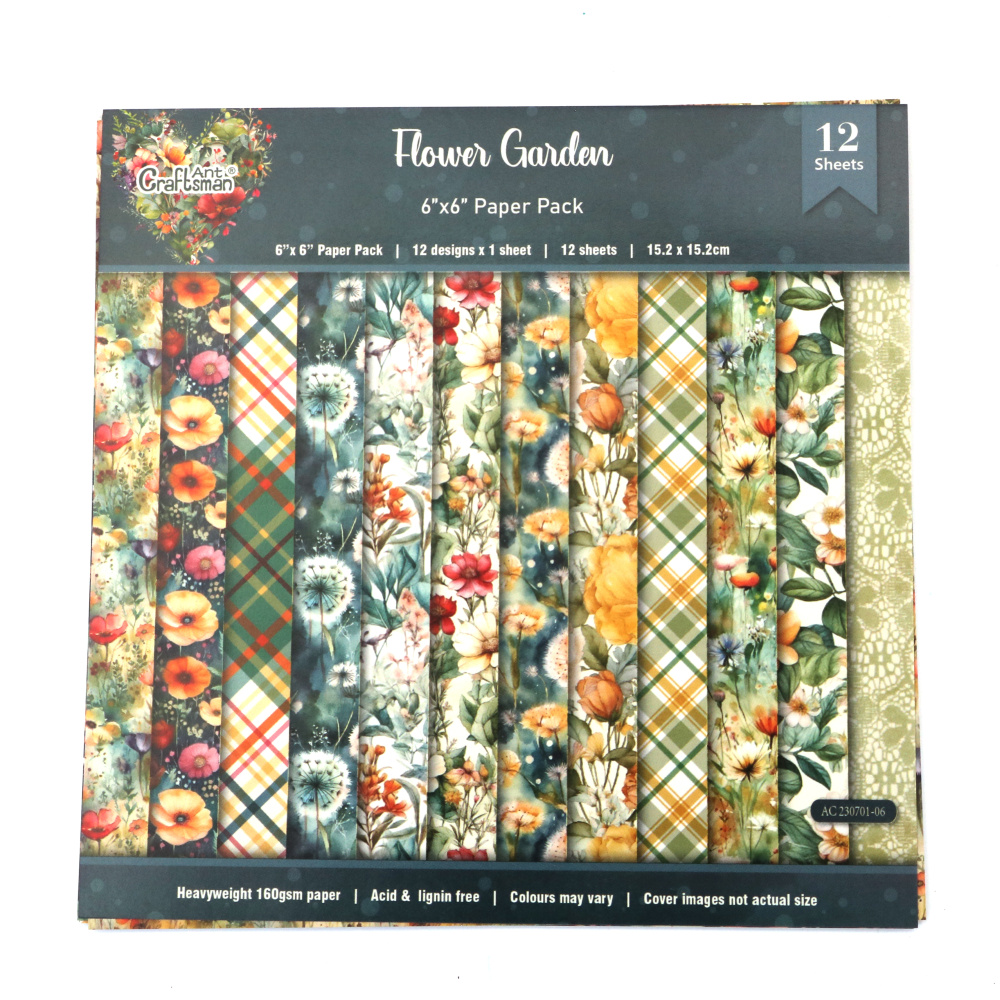 Дизайнерска хартия 160 гр за скрапбукинг, арт и крафт 6 inch (15.2x15.2 см) едностранна 12 дизайна 