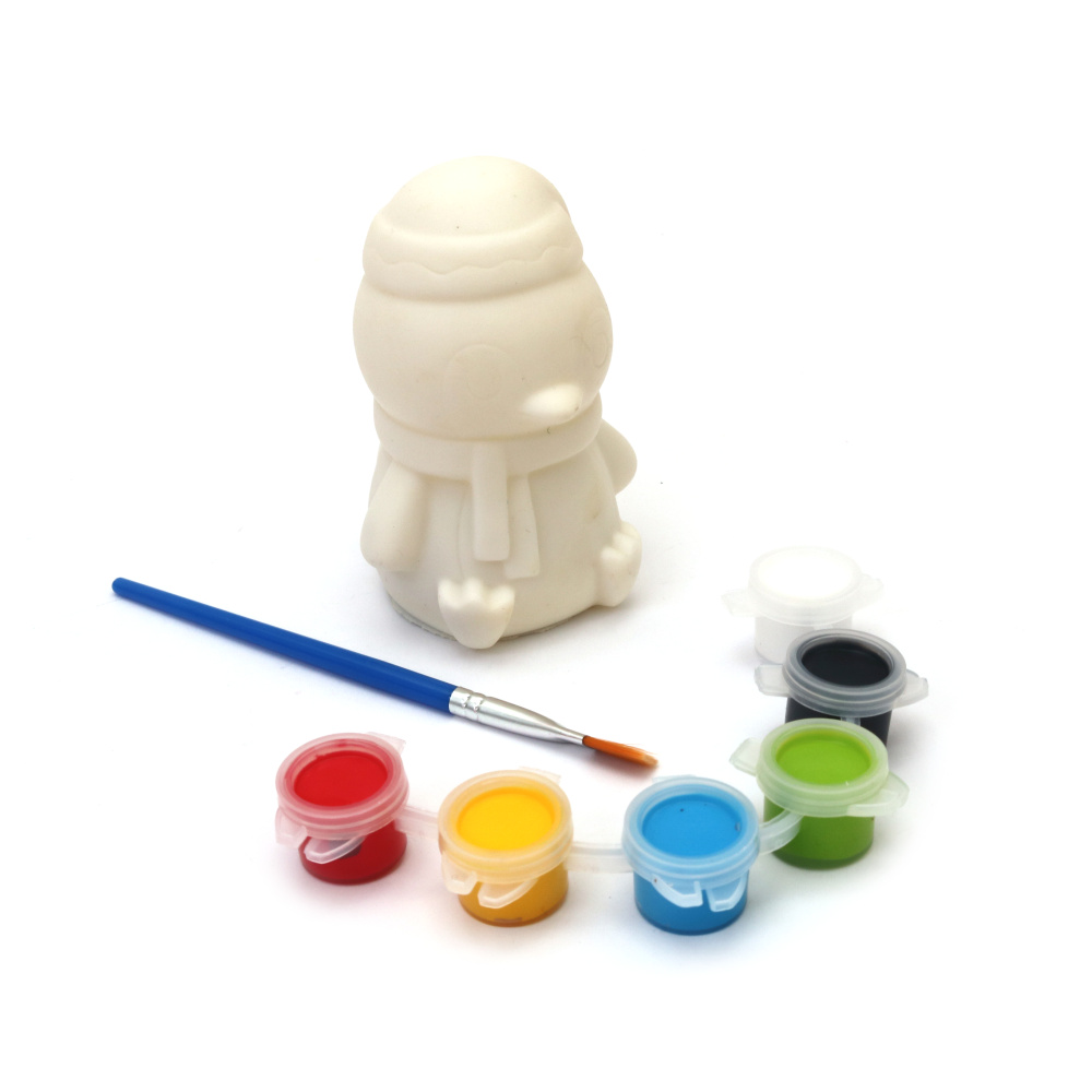 Пластмасова касичка за оцветяване 60x90 мм с четка и бои -пингвинче