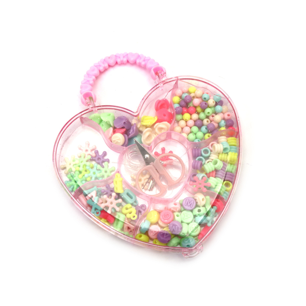 Творчески комплект мъниста в кутия-чантичка за изработка на бижута със силиконов ластик и ножица ра