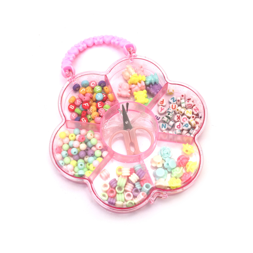 Творчески комплект мъниста в кутия-чантичка за изработка на бижута със силиконов ластик и ножица ра