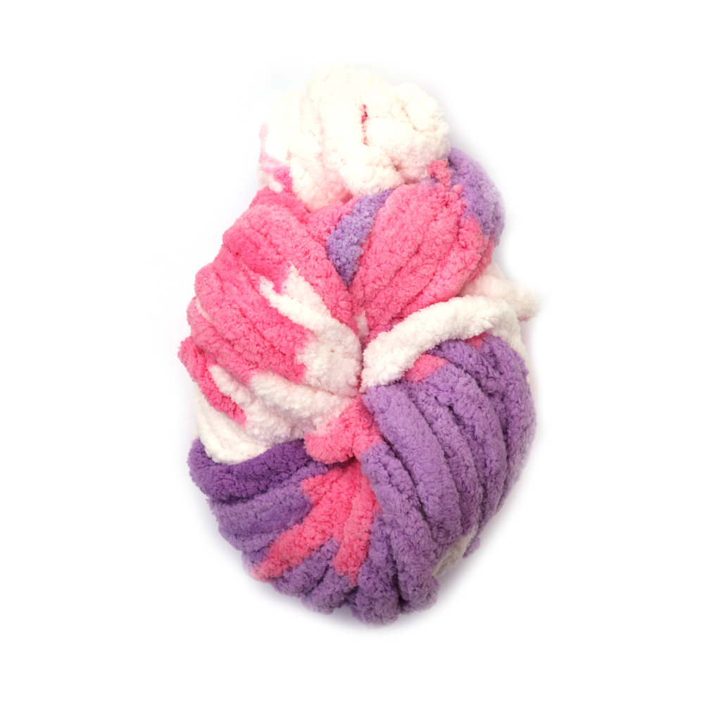 Прежда шенилна 100 % полиестер 20 мм дебелина цвят меланж бял, розов, лилав ~240 грама -25 метра