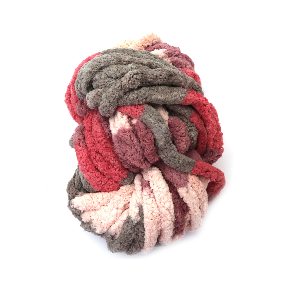 Прежда шенилна 100 % полиестер 20 мм дебелина цвят меланж сиво, розово, пудра, пурпур ~240 грама -2