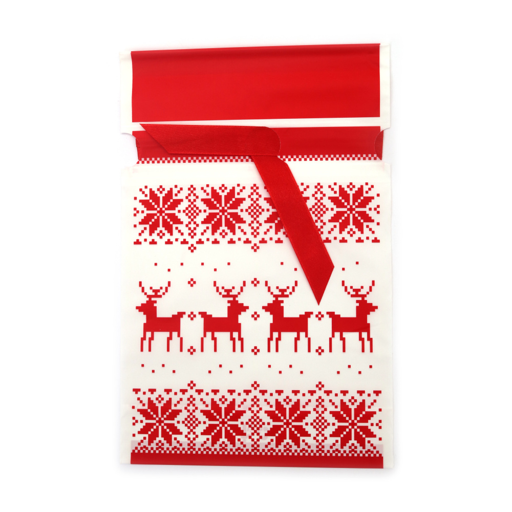 Коледен плик от PE материал 15x23 см със сатенена лента цвят бял и червен с елени