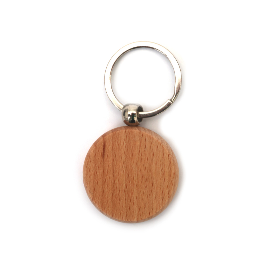 Ключодържател дървена плочка кръг 40x7 мм и метална халка с две навивки 32x2 мм