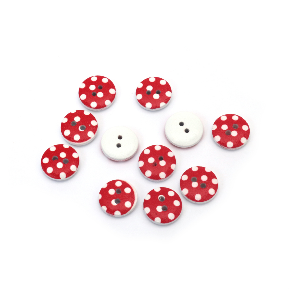 Дървено копче 13x3.5 мм дупка 1 мм цвят бял и червен -20 броя