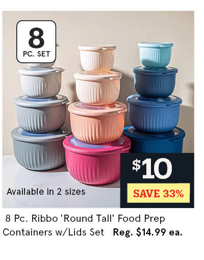  KSP Ribbo 'Round Tall' Food Prep Containers W/Lids - Set of 8 (Blue)