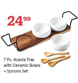 Acacia Tray with Ceramic Bowls and Spoons - Set of 7