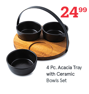 Acacia Tray with Ceramic Bowls - Set of 4