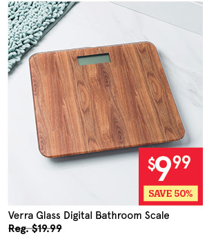 KSP VERRA GLASS DIGITAL BATHROOM SCALE "WOOD GRAIN" 30 CM / 12" SQ. NATURAL