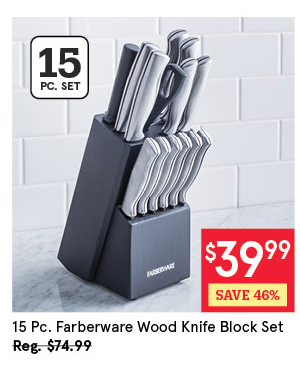 FARBERWARE STAINLESS STAMPED WOOD KNIFE BLOCK COMBO SET/15 CHARCOAL