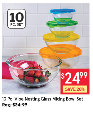 KSP VIBE NESTING GLASS MIXING BOWL W/LIDS SET/10 9/16/21/24/26 CM MULTI COLOUR
