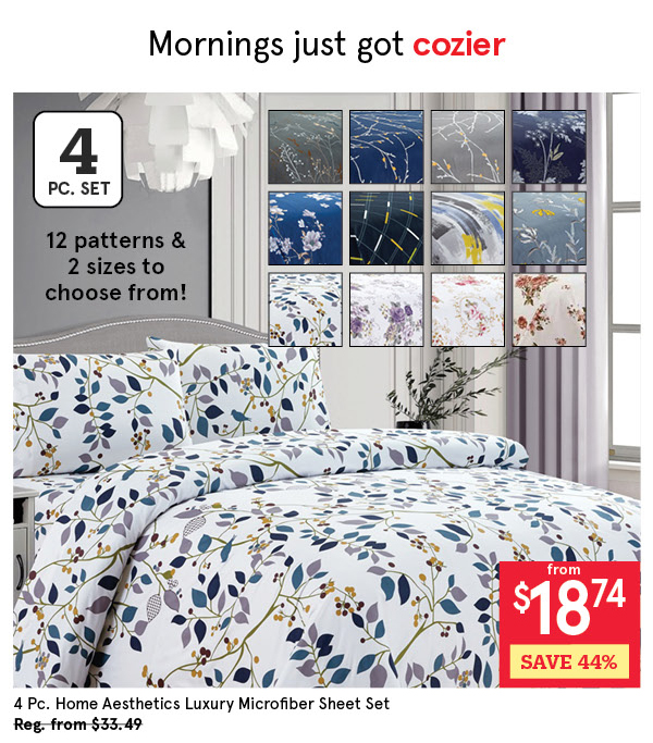 HOME AESTHETICS LUXURY 9500 PRINTED 100% MICROFIBER SHEET SET/4 QUEEN ASSTD.