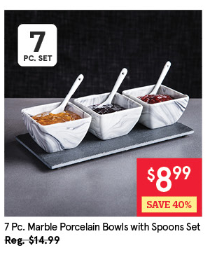 KSP MARBLE PORCELAIN BOWLS W/TRAY+SPOONS SET/7 25 CM X 12 CM WHITE/GREY