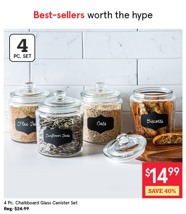 KSP CHALKBOARD GLASS CANISTER W/LID SET/4 4 X 800 ML CLEAR