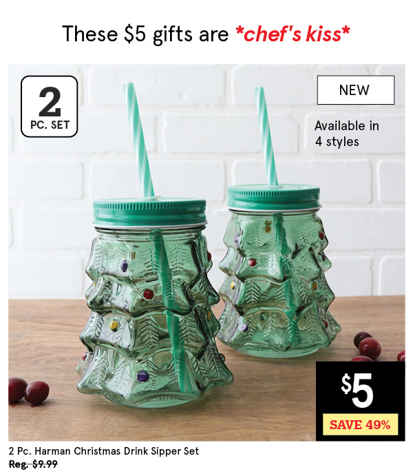 HARMAN XMAS GLASS DRINK SIPPER "TREE" SET/2 4.5" X 4.5" X 4.5" GREEN