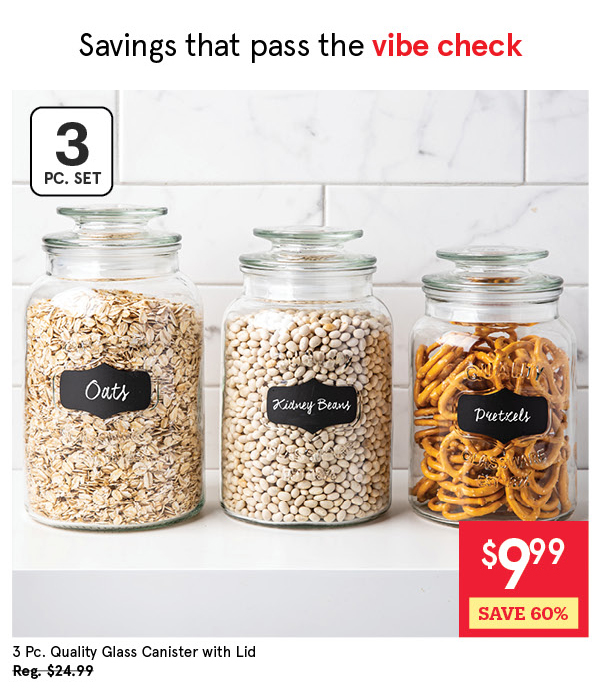 KSP QUALITY GLASS CANISTER W/LID "CHALKBOARD" SET/3 1.1 L / 1.3 L / .5 L CLEAR/BLACK