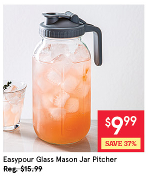 KSP EASYPOUR GLASS MASON JAR PITCHER "WIDE MOUTH" 1.9 L / 64 OZ. CLEAR/GREY