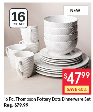 THOMSON POTTERY DOTS STONEWARE DINNERWARE SET/16 WHITE