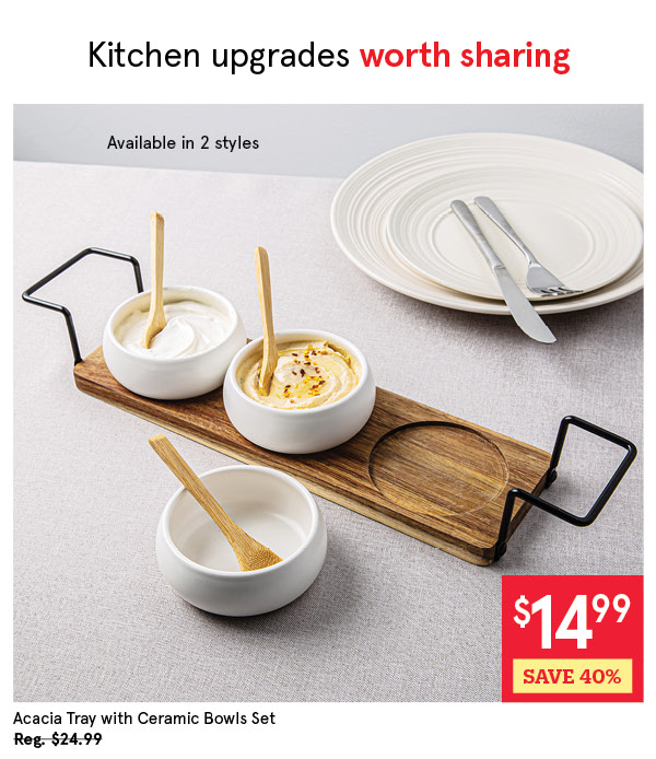 KSP ACACIA TRAY W/CERAMIC BOWLS+SPOONS SET/7 40 X 10 X 6 CM WHITE
