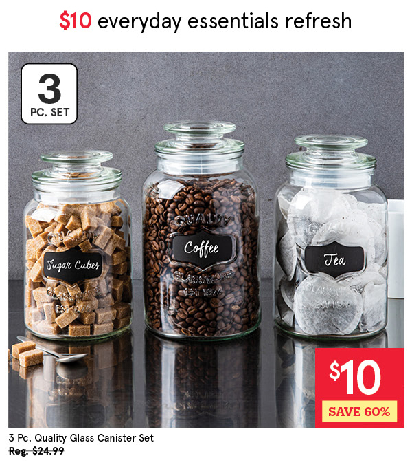 KSP QUALITY GLASS CANISTER W/LID COMBO "CHALKBOARD" SET/3 1.1 L / 1.3 L / .5 L CLEAR/BLACK