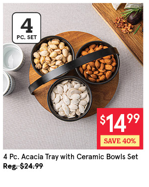 KSP ACACIA TRAY W/CERAMIC BOWLS SET/4 22 CM DIA. X 15 CM BLACK