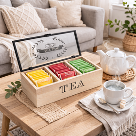 Caja Organizadora de Té con Tapa de Vidrio Decorada