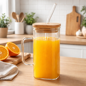 Vaso de Vidrio con Tapa de Bambú