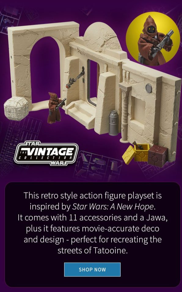 This retro style action figure playset is inspired by Star Wars: A New Hope. It comes with 11 accessories and a Jawa, plus it features movie-accurate deco and design - perfect for recreating the streets of Tatooine. 