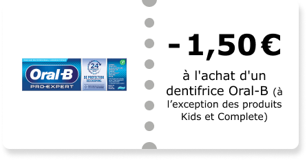 -1,50€ à l'achat d'un dentifrice Oral-B (à l'exception des produits Kids et Complete)