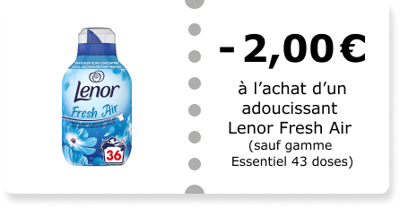 -2,00€  à l’achat d’un adoucissant Lenor (sauf gamme Essentiel 43 doses)