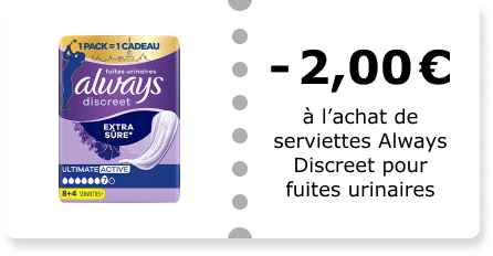 -2,00€ à l’achat de serviettes Always Discreet pour fuites urinaires