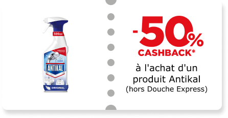 -50% cashback à l'achat d'un produit Antikal (hors Douche Express)