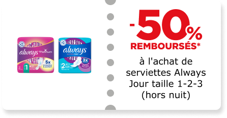 -50% à l'achat de serviettes Always Jour taille 1-2-3 (hors nuit)