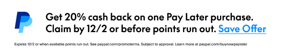 Get 20% cash back when you Pay Later through 12/2. 