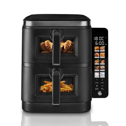 Swan SD10522BLK 11L Duo Layer Air Fryer Black with Black SS Trim