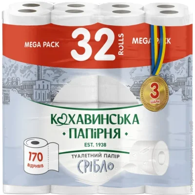 Туалетний папір Кохавинка на гільзі, серебро, 32 рулони, 3-х шарів (4820032451306)