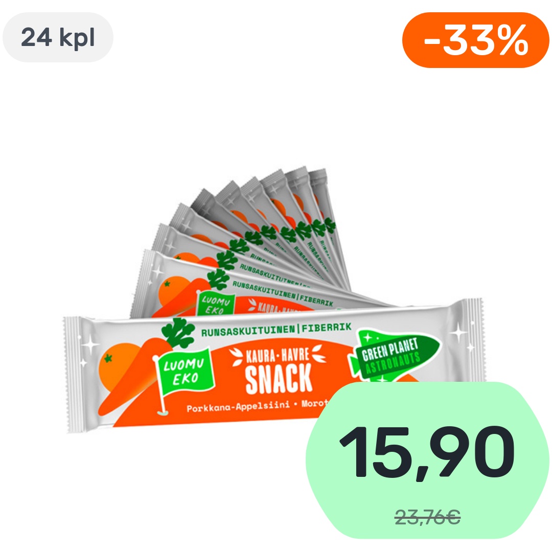 24kpl Green Planet Astronauts Kaurasnack Porkkana-Appelsiini välipalapatukka 12kk luomu 30g