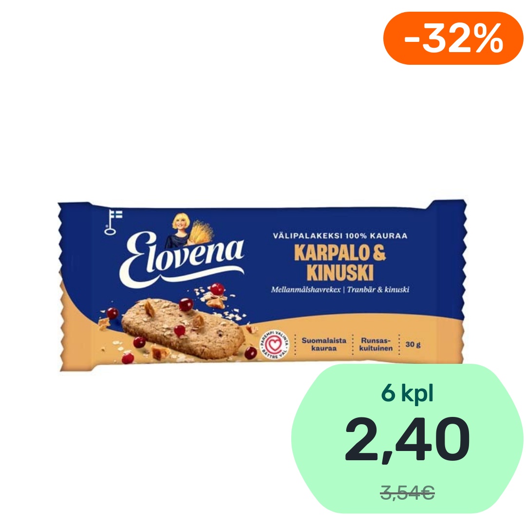 Elovena Karpalo & Kinuski täysjyvävälipalakeksi 30g