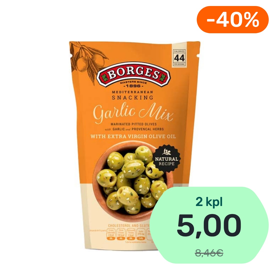 Borges Garlic Mix vihreitä oliiveja ja valkosipulia oliiviöljyssä 350/150g
