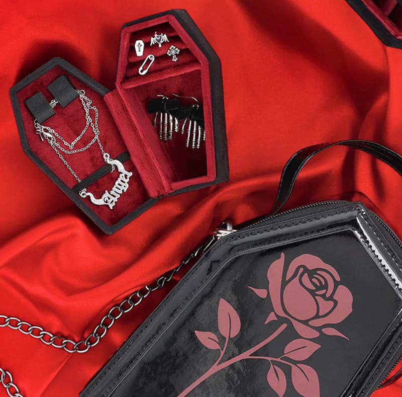 Black coffin jewelry box and bag