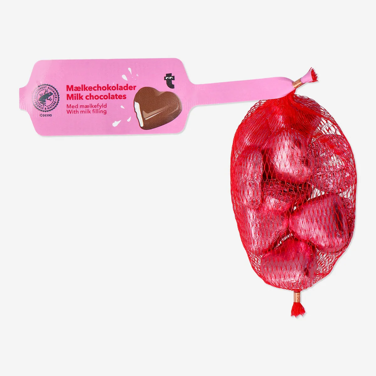 Milk chocolate hearts in net with milky cream filling