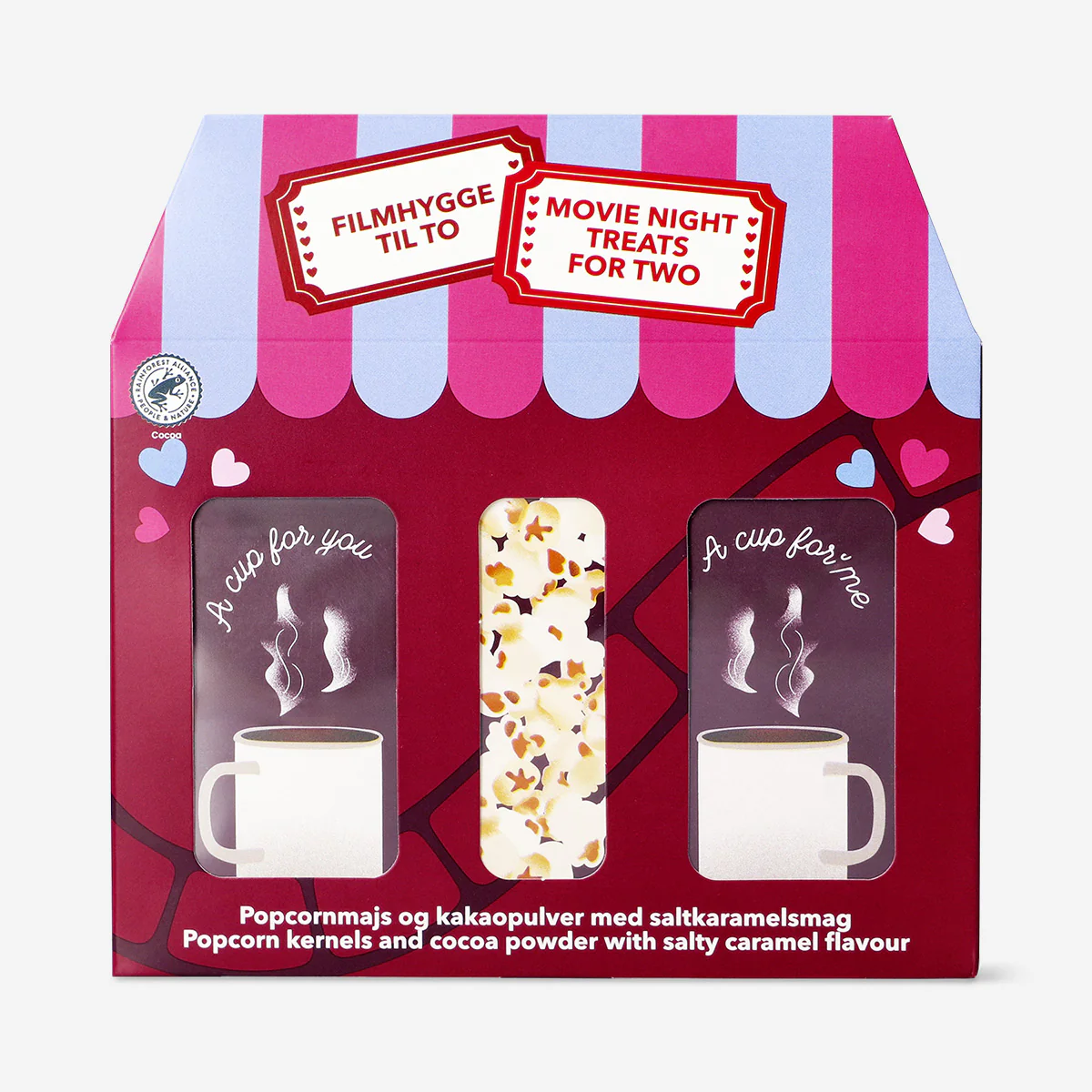 Movie night kit with hot chocolate and popcorn